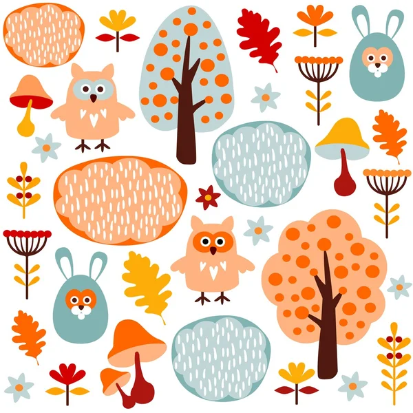 Mignon motif vecteur forestier sans couture coloré avec des animaux lièvre et chouette — Image vectorielle