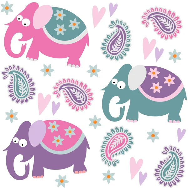 Seamless elephant kids pattern wallpaper background with flowers and heart, vector illustration — Stock Vector