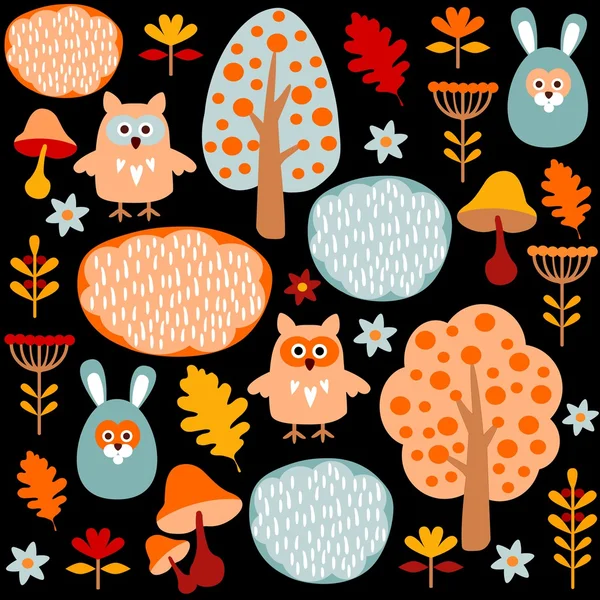 Cute colorful seamless forest vector pattern with animals hare and owl, black background — Stock Vector