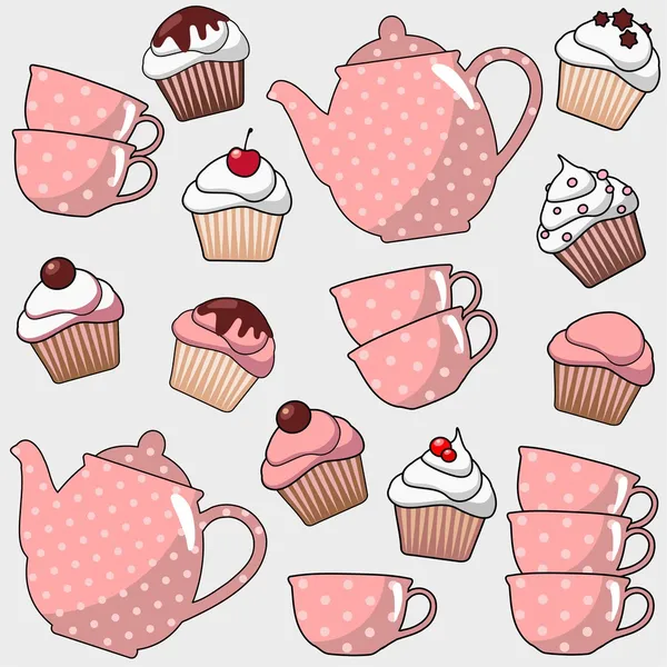 Padrão sem costura bonito com vários cupcakes, muffins, chá, cafeteira, copos, fundo de ilustração vetorial — Vetor de Stock