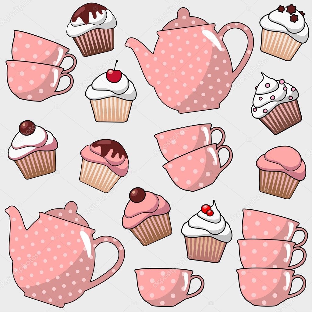 様々 なカップケーキ マフィン 紅茶 コーヒー ポット カップ ベクトル イラスト背景とかわいいのシームレスなパターン ストックベクター C Tabitazn