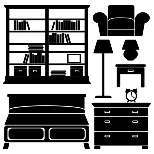 Ícones de móveis, conjunto de quartos, silhuetas vetoriais pretas —  Vetores de Stock