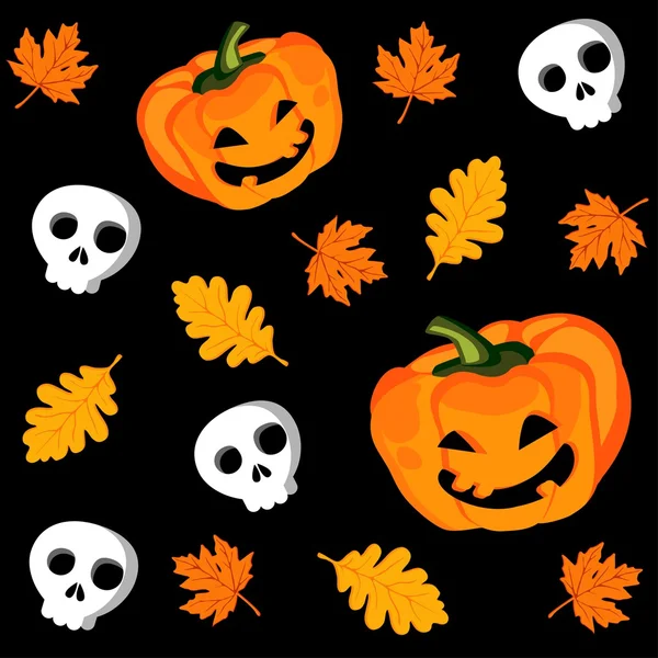 Halloween nahtloses Muster mit Kürbis, Blättern und Totenkopf, Vektorillustration — Stockvektor