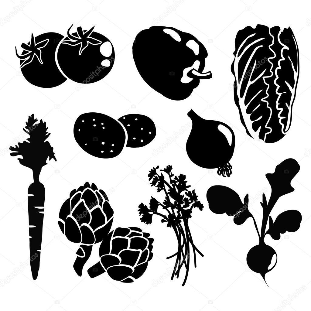 Negro aislado verduras siluetas iconos sobre fondo blanco, vector ...