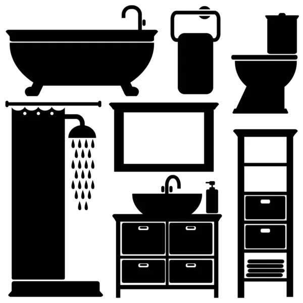 Bathroom toilet black icons set, silhouettes on white background, vector illustration — Stock Vector