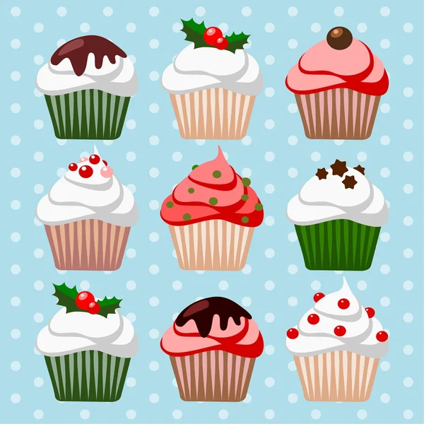 Bonito cupcake de Navidad y juego de magdalenas, iconos, ilustraciones de vectores — Vector de stock