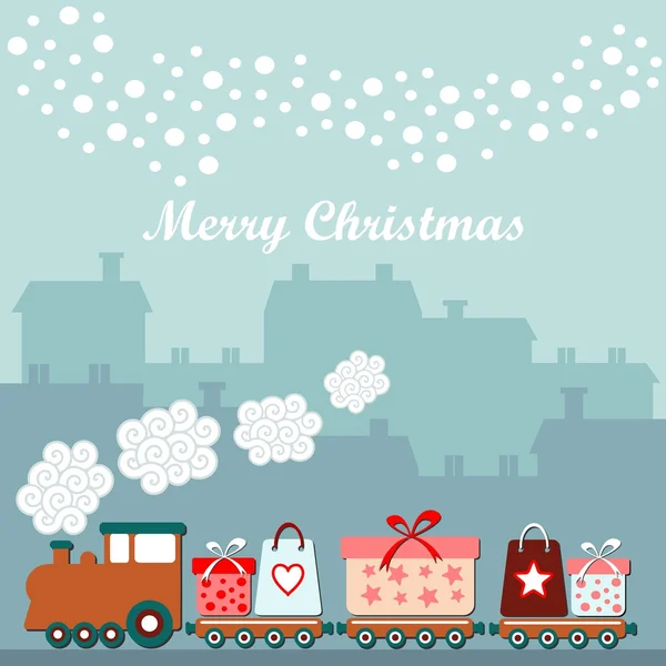 Niedliche Weihnachtskarte mit Zug, Geschenken, Winterhäusern, fallenden Schneeflocken, Vektorillustration Hintergrund — Stockvektor