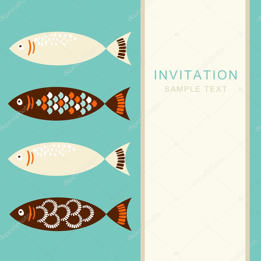 Vintage ornamental set of fish, invitation card, vector illustration