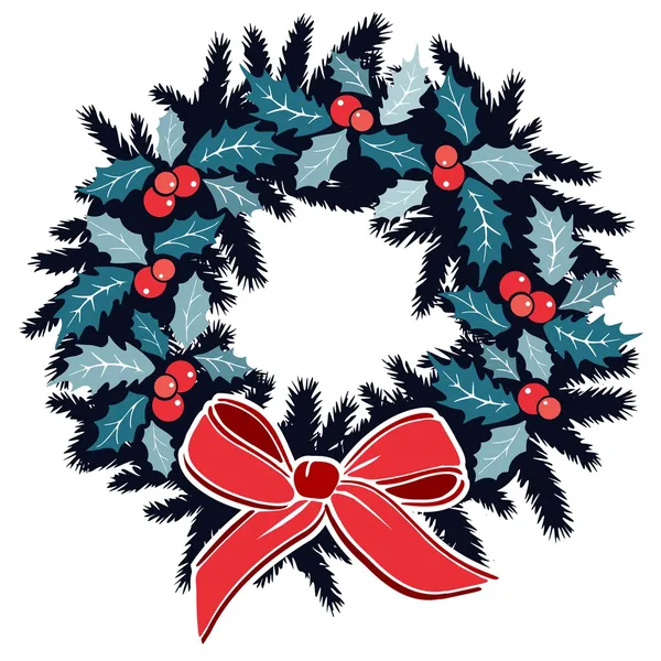 Corona de Navidad con bayas de acebo en hoja perenne y cinta, decoración, ilustración vectorial aislada — Vector de stock
