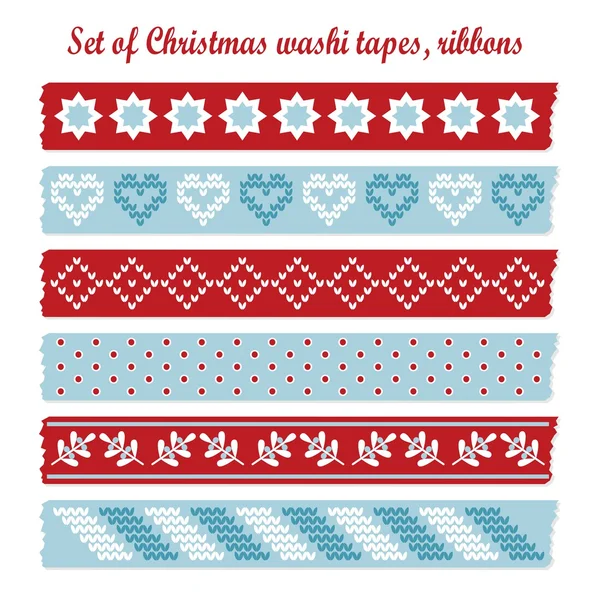 Set aus weihnachtlichen Washi-Bändern, Bändern, Vektorelementen, niedlichen Designmustern — Stockvektor