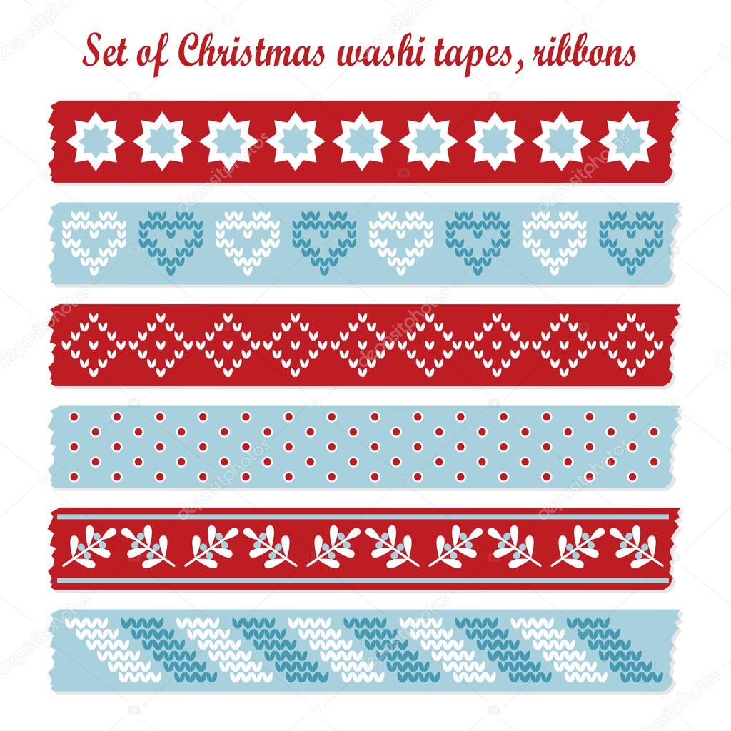 Set of vintage christmas washi tapes, ribbons, vector elements, cute design patterns