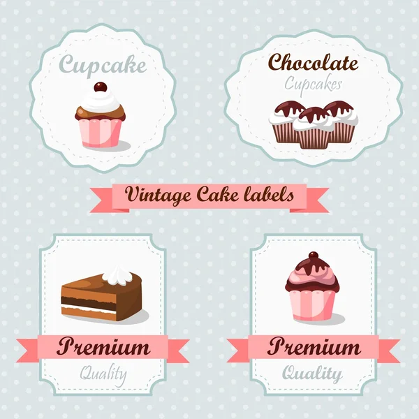 Lindas etiquetas de alimentos retro vintage con pasteles y cupcakes — Vector de stock