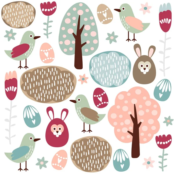 Cute colorful seamless easter spring vector pattern with hare, bird and flowers — Stock Vector