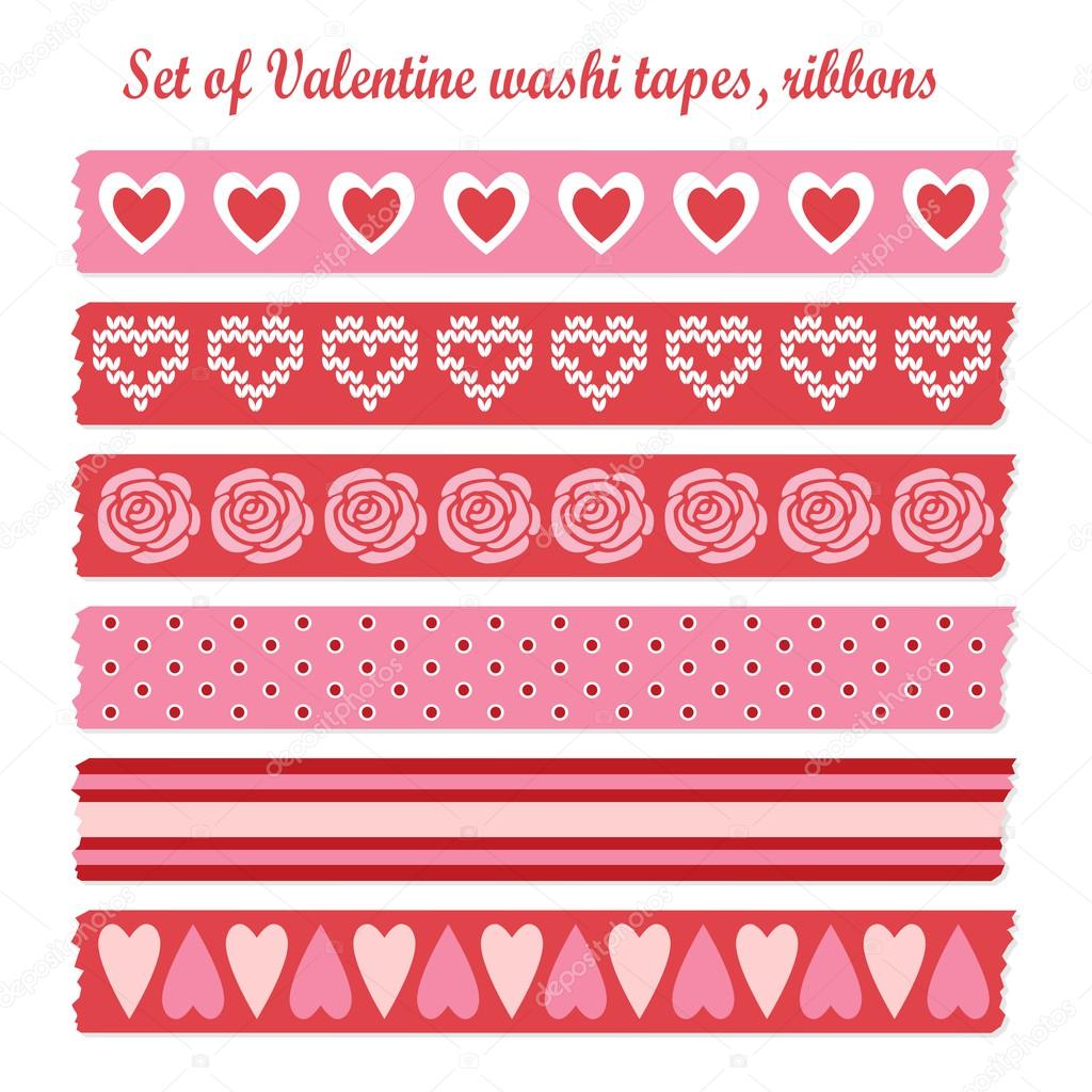 Set of romantic Valentine vintage washi tapes, ribbons, vector elements, cute design patterns