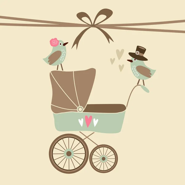 Schattige baby shower uitnodiging, verjaardagskaart met kinderwagen en vogels, vector afbeelding achtergrond — Stockvector