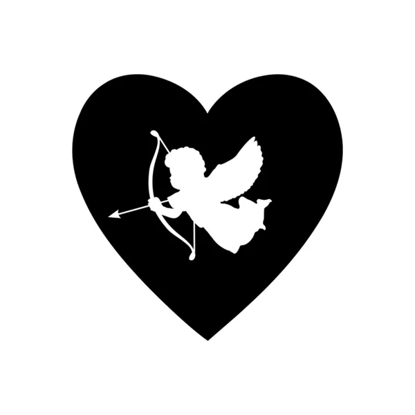 Carte de Saint-Valentin avec silhouette d'ange Cupidon avec arc, flèche et coeur, icône noire, fond d'illustration vectoriel — Image vectorielle