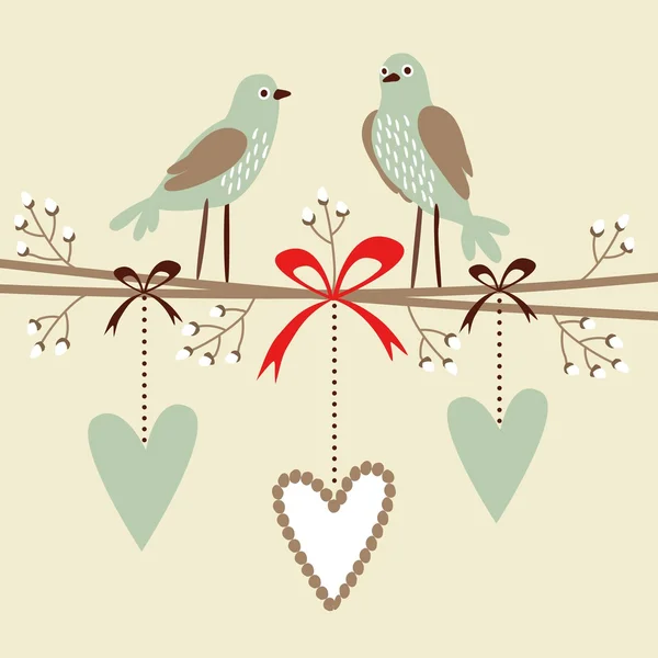 San Valentín, boda, tarjeta de cumpleaños o invitación con pájaros, corazones y ramitas de flores, vector decorativo fondo ilustrado — Archivo Imágenes Vectoriales