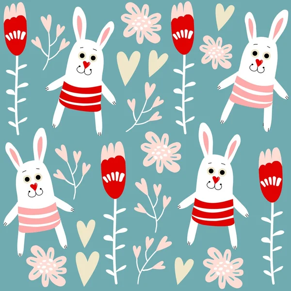 Cute seamless pattern with bunnies, hearts and flowers, vector illustration background — Stock Vector