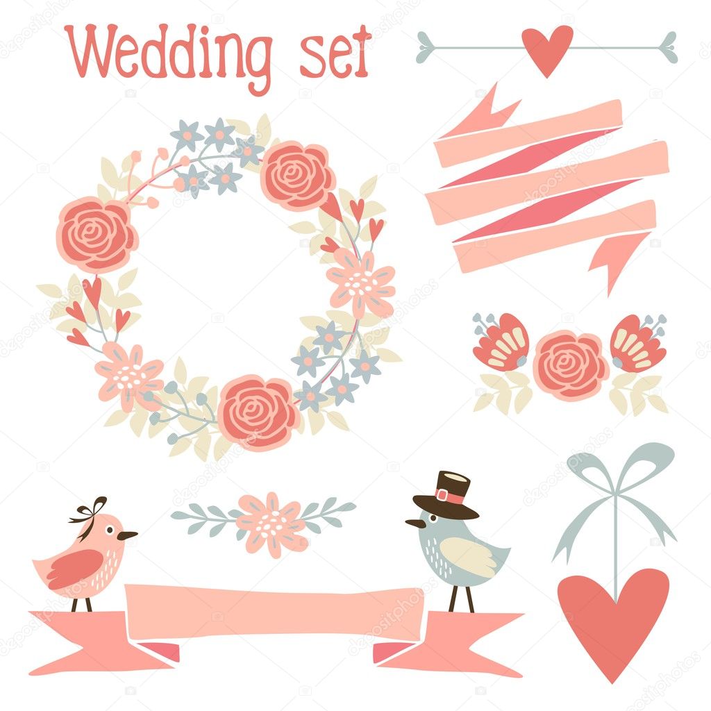 Cute wedding elements set with flowers, wreath, hearts, ribbons, birds, vector illustration