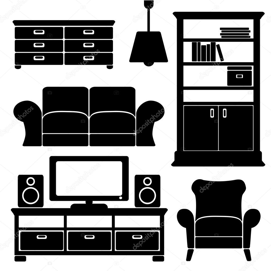 Living room furniture icons set, black isolated silhouettes, vector illustrations