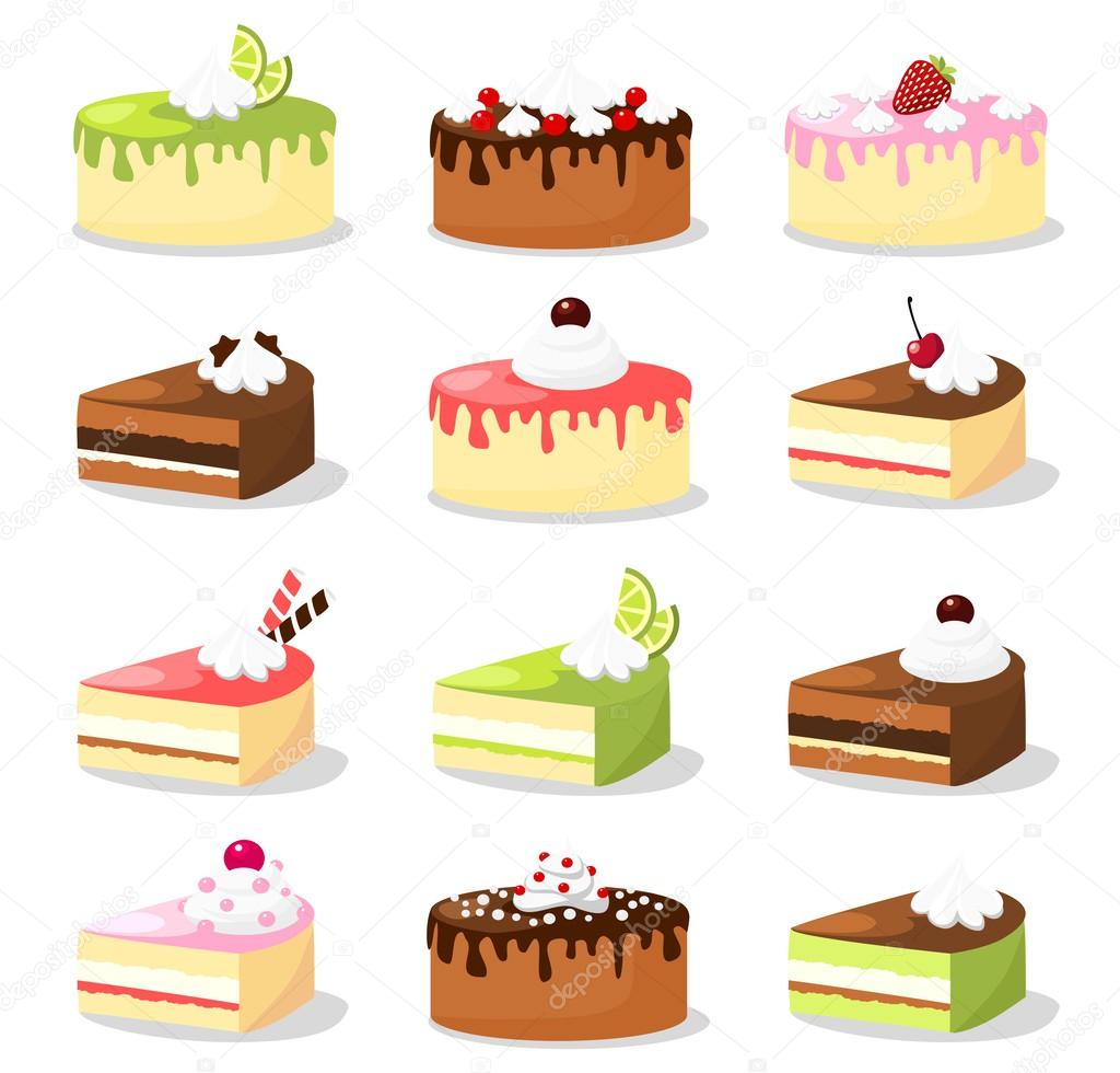 Cute retro set of various cakes with cream and fruit, vector illustration food collection