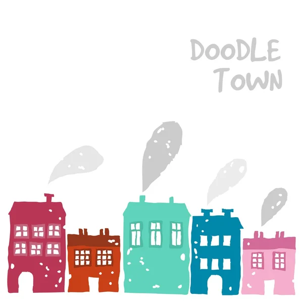 Carino set di case doodle con camino fumante, illustrazione vettoriale, schizzo colorato — Vettoriale Stock