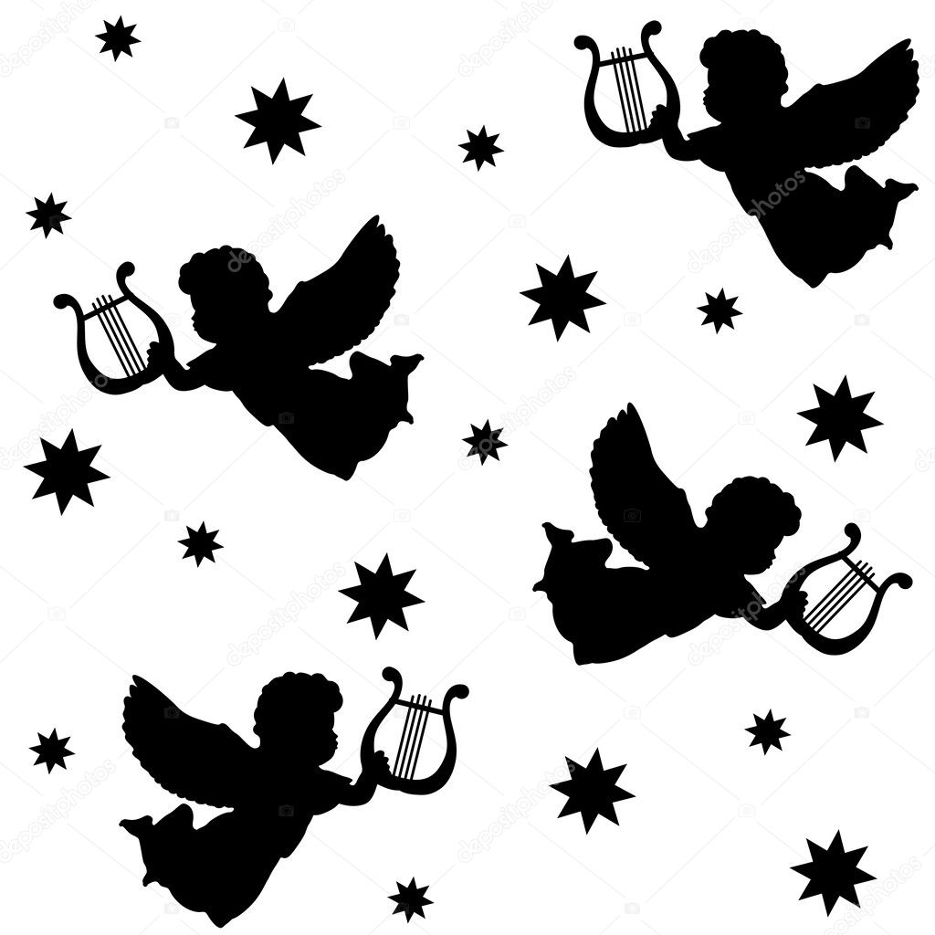 Christmas seamless pattern with silhouettes of angels, harp and stars, isolated black icons on white background, vector illustration