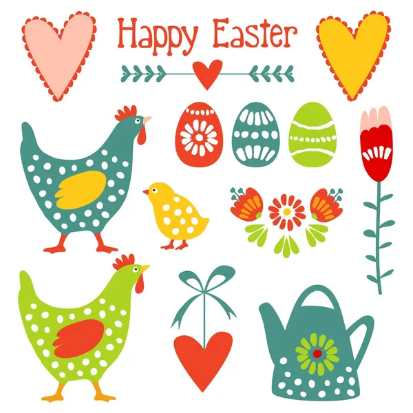 Cute easter elements set with eggs, hens, hearts and flowers, vector illustration — Stock Vector