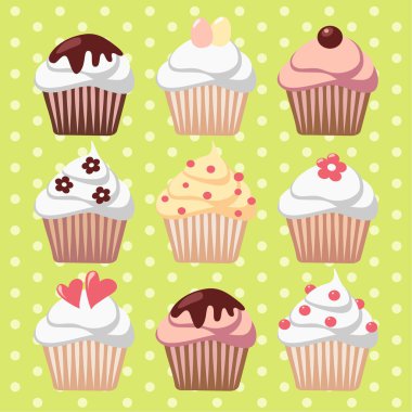 Çeşitli bahar paskalya çörekleri, kekler, vektör illüstrasyon arka planı