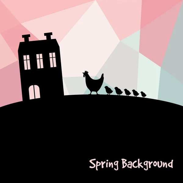 Tarjeta de felicitación de primavera con siluetas de gallinas, pollos y granja, ilustración vectorial del campo — Vector de stock