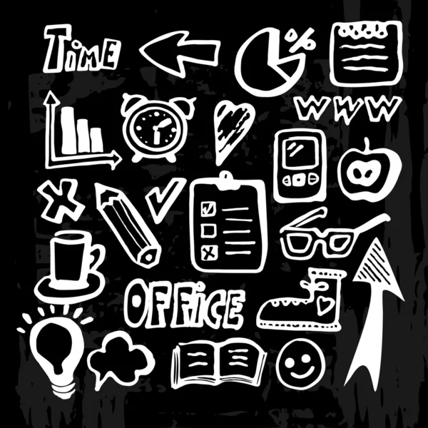 Set van krijt doodles, office-pictogrammen op het bord, vectorillustratie, — Stockvector