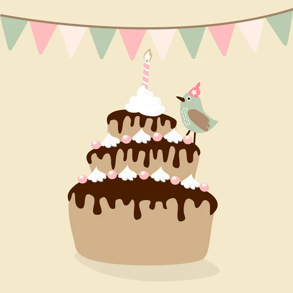 Schattig retro verjaardag kaart uitnodiging met taart, vogel en vlaggen, vector afbeelding achtergrond — Stockvector