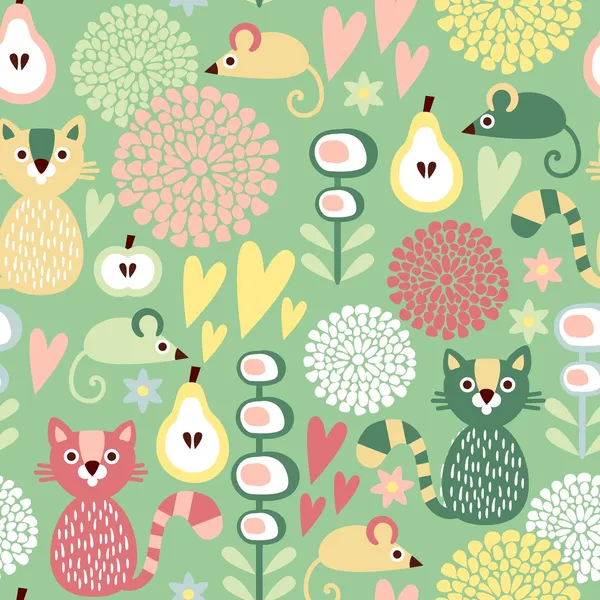 Cute colorful cartoon seamless floral vector pattern with animals cat and mouse — Stock Vector