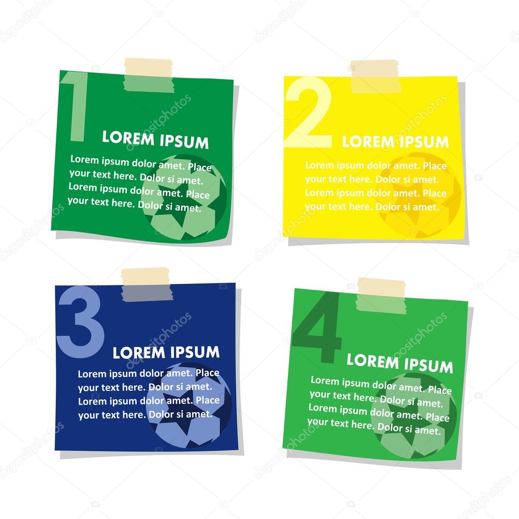 Set of post it stick notes papers with Brazilian football design, vector illustration isolated on white background