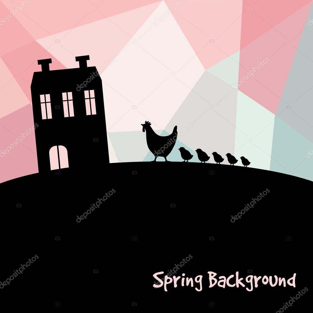Spring greeting card with silhouettes of hen, chickens and farm house, vector  illustration of countryside