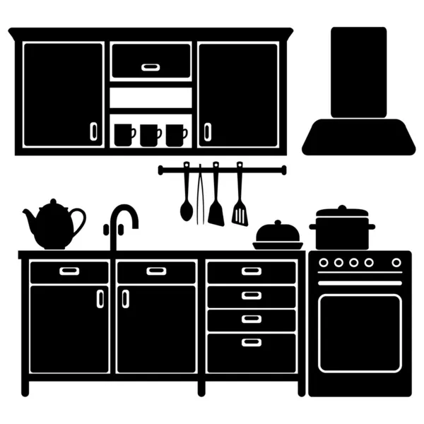 Set schwarzer Küchensymbole, Möbel und Utensilien, Vektorillustration — Stockvektor