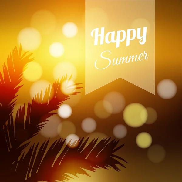 Όμορφο καλοκαίρι ευχετήρια κάρτα, τροπικό ηλιοβασίλεμα με φύλλα φοίνικα και bokeh επίδραση, υπόβαθρο εικόνα διάνυσμα — Διανυσματικό Αρχείο