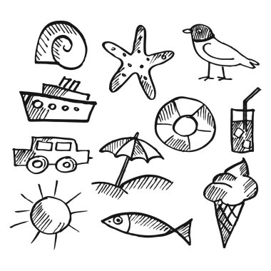 Yaz kümesi doodles, siyah çizimler vektör çizimler, beyaz zemin üzerine izole