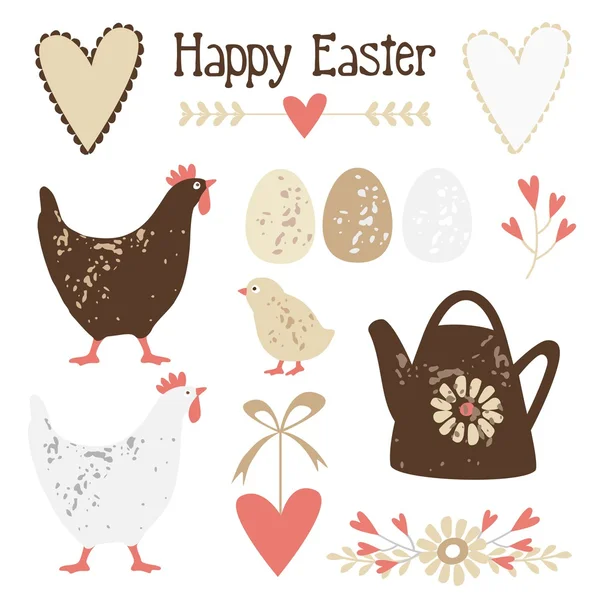 Cute vintage easter elements set with eggs, hens and flowers, vector illustration — Stock Vector