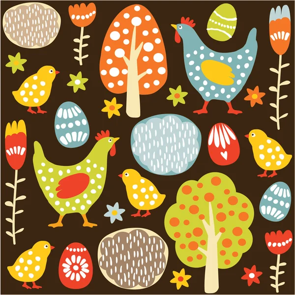 Lindo patrón de vector de primavera de Pascua inconsútil colorido con gallinas, pollos, huevos y flores — Vector de stock