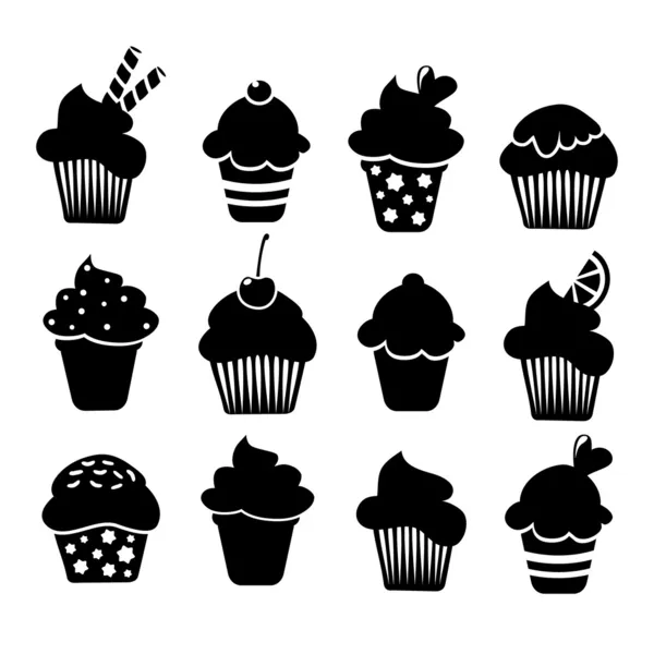 Conjunto de cupcakes negros e iconos de magdalenas, ilustraciones vectoriales aisladas sobre fondo blanco — Vector de stock