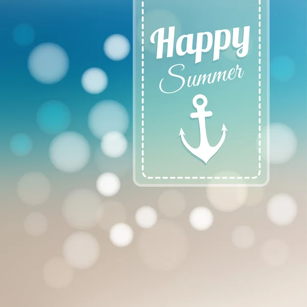 Cartão de verão com fundo de praia borrado e luzes bokeh, ilustração vetorial — Vetor de Stock