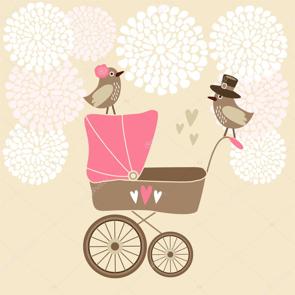 Cute baby shower invitation, birthday card with baby carriage, birds and flowers, vector illustration background
