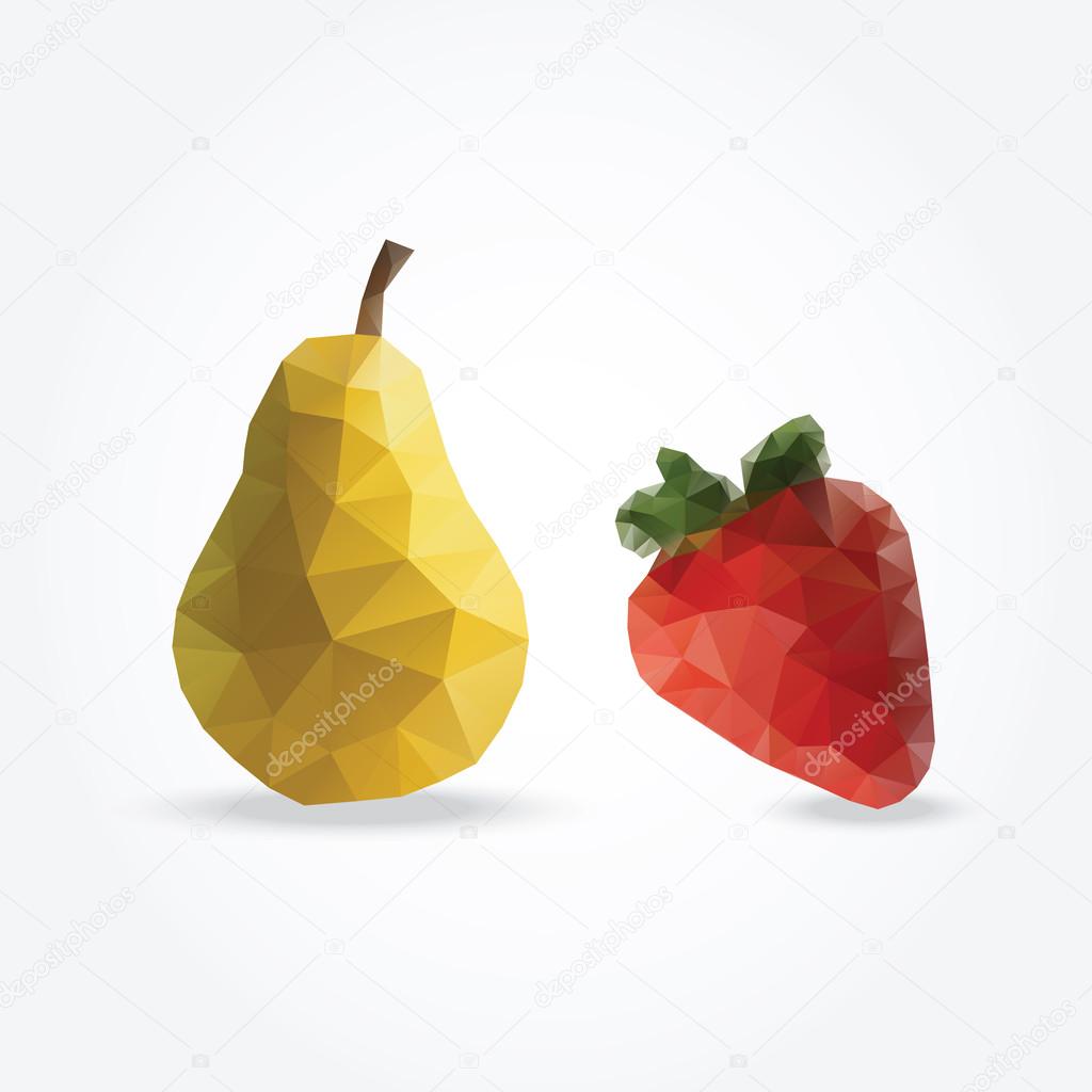 Modern stylized geometric fruits, polygon triangle facets, pear and strawberry, vector illustration