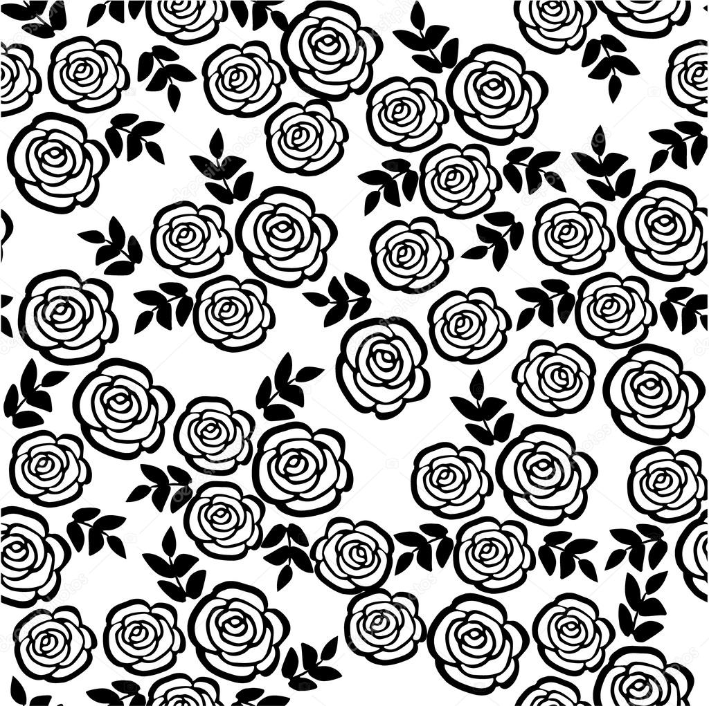 Cute seamless pattern with black white roses, floral vector ...