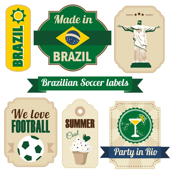 Set retrò di varie etichette brasiliane e tag, illustrazione vettoriale, calcio design — Vettoriale Stock