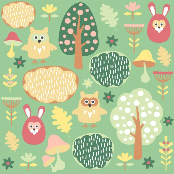 Mignon motif vecteur forestier sans couture coloré avec des animaux lièvre et chouette — Image vectorielle