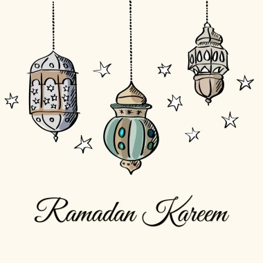 Müslüman toplum kutsal ay Ramazan kareem için resimde arka plan aydınlatılmış Arapça lambalar, fener ışıkları ve yıldız, vektör