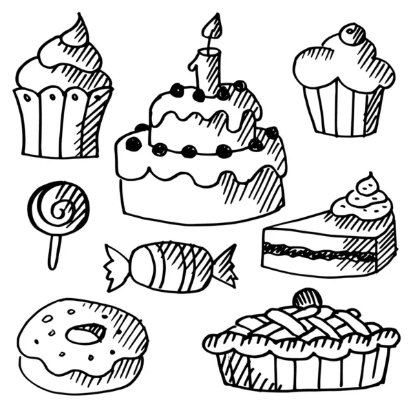 Aantal verschillende snoep, taarten en cakejes, zwarte geïsoleerd doodle schetsen, vectorillustraties — Stockvector