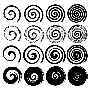 Set of spiral motion elements, black isolated objects, different brush texture, vector illustrations clipart